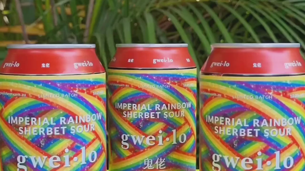 Load video: Three Gweilo Imperial Rainbow Sherbet Sour cans being covered in molten yellow wax. Order Imperial Sherbet Sour and if you find one of the waxed cans, you&#39;ve won a merch pack full of gweilo beer goodies! 
